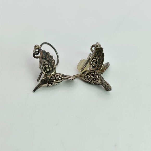 Sterling Silver Hummingbird Earrings ATI Vintage Tribal‎ Engraved 3D Bird Dangle - Picture 1 of 5